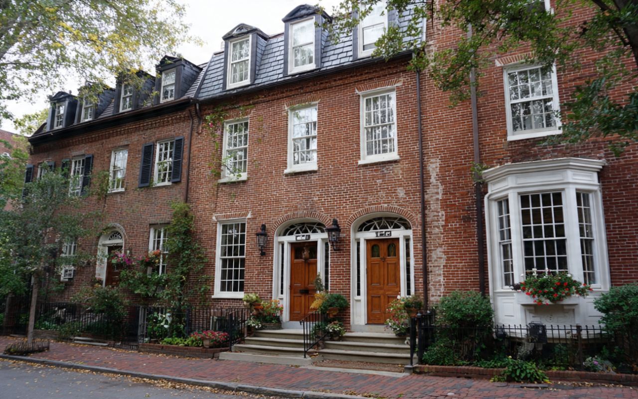 Best Exterior Paint for Brick Homes in Philadelphia, PA on a restored red brick row house facade